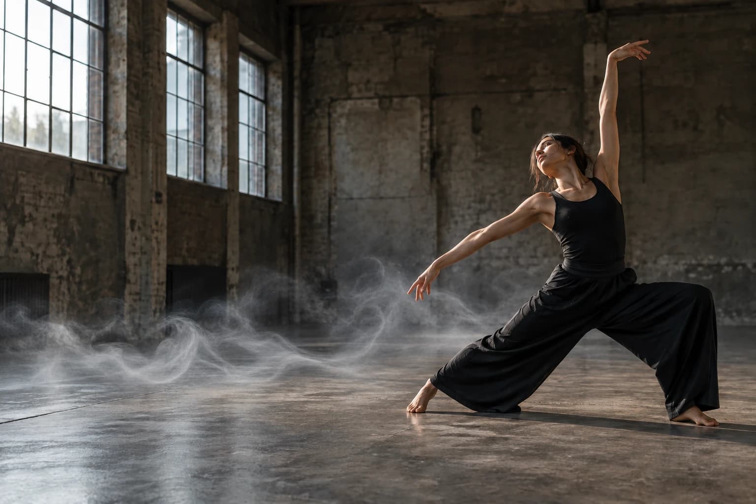 Contemporary dancer in a dramatic industrial studio